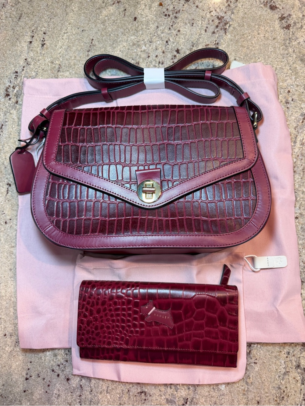 RADLEY LONDON Burgundy Croc-Embossed Crossbody Bag with Matching Wallet